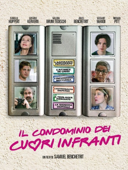 Locandina del film Il Condominio dei Cuori Infranti di Samuel Benchetrit con Isabelle Huppert e Michael Pitt: interfono condominiale con i volti dei personaggi